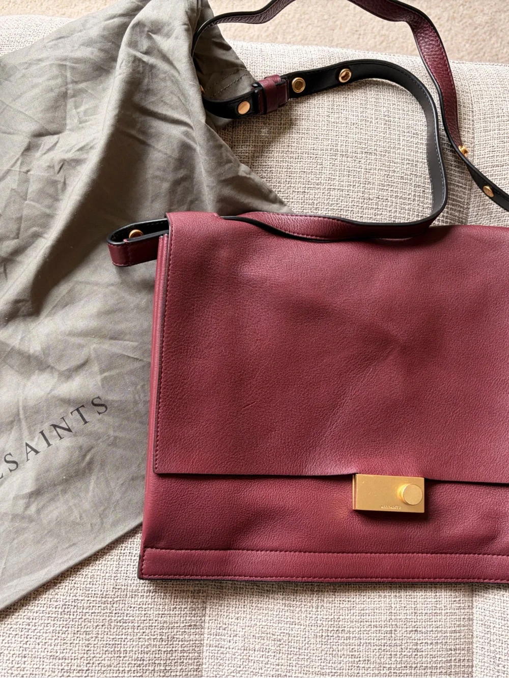 All Saints Burgundy Leather Messenger Bag with Gold Accent